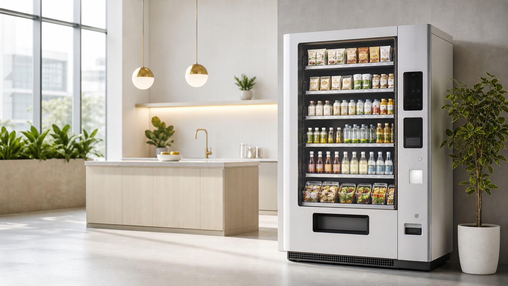 Modern healthy vending machine stocked with better-for-you snacks and drinks in a bright office amenity area